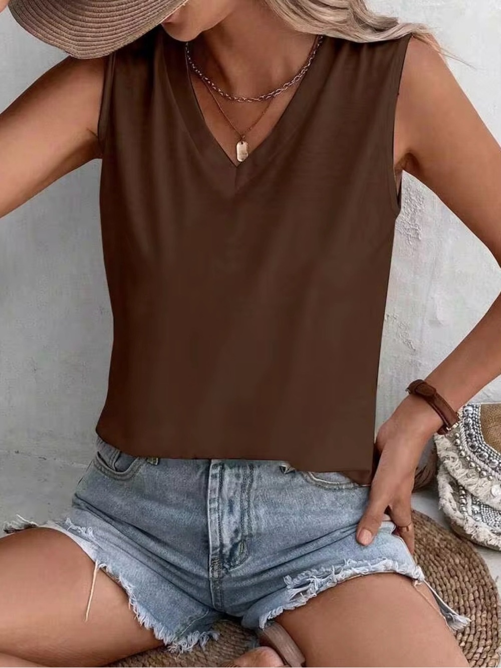 Sleeveless V-Neck Brown Women's Top